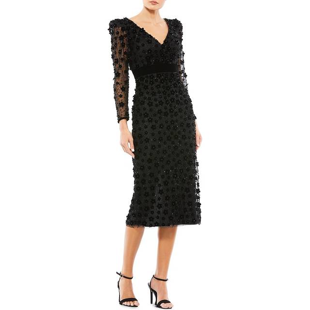 Mac Duggal Embellished V-Neck Illusion Column Midi Dress