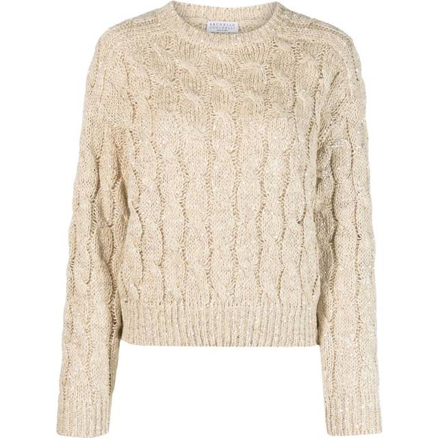 Brunello Cucinelli - sequin-embellished cable-knit sweater - women - Linen/Flax/Silk/Polyester/Polyamide - L - Neutrals