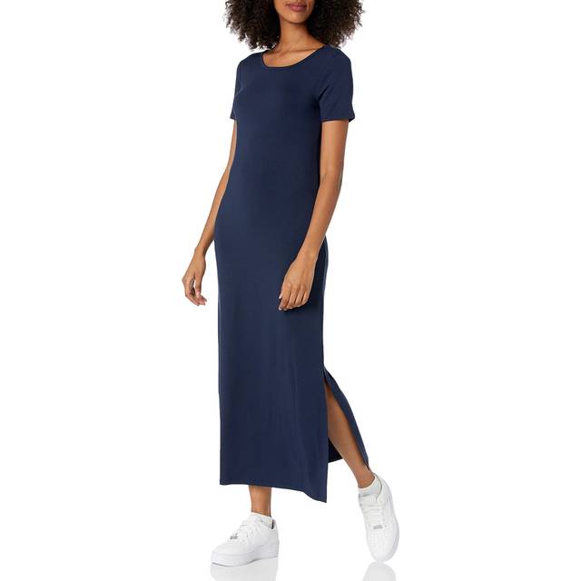 Amazon Essentials Womens Jersey Standard-Fit Short-Sleeve crewneck Side Slit Maxi Dress (Previously Daily Ritual)  Navy  Small