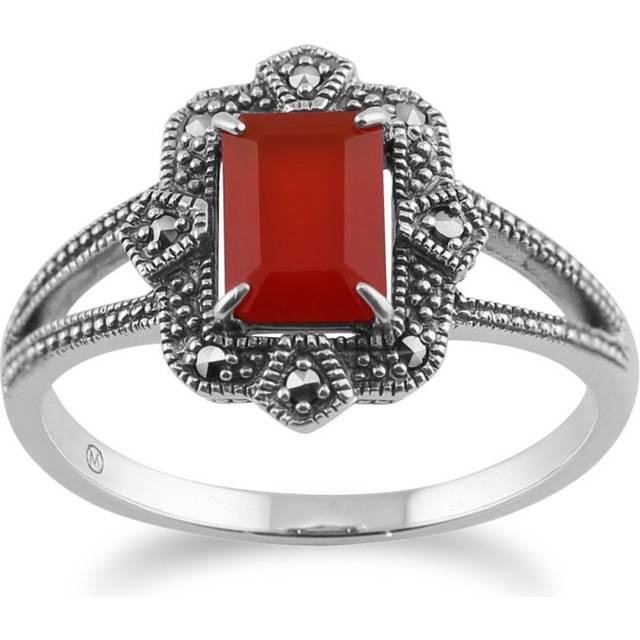 Art Deco Style Baguette Carnelian & Marcasite Ring in 925 Sterling Silver