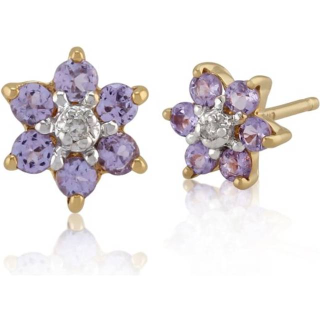 Floral Round Tanzanite & Diamond Cluster Stud Earrings in 9ct Yellow Gold