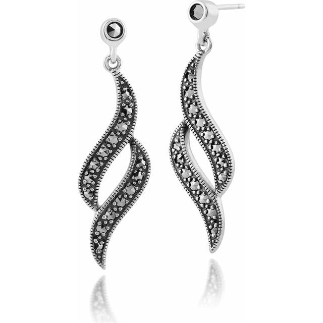 Art Nouveau Style Round Marcasite Swirl Drop Earrings in 925 Sterling Silver