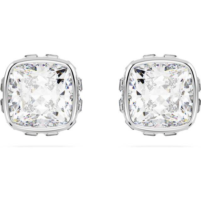 Birthstone stud earrings, Square cut, April, White, Rhodium plated