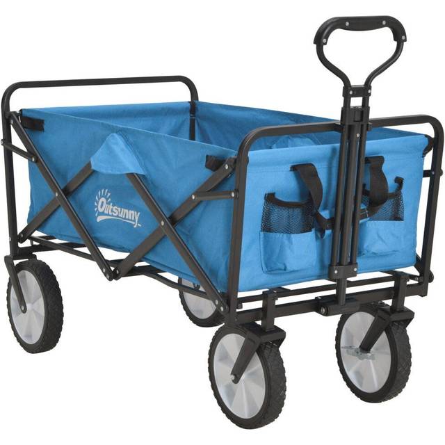 Outsunny Folding Garden Trolley Cart, Cargo Wagon Trailer for Beach & Outdoor Use, with Telescopic Handle, Blue Aosom UK
