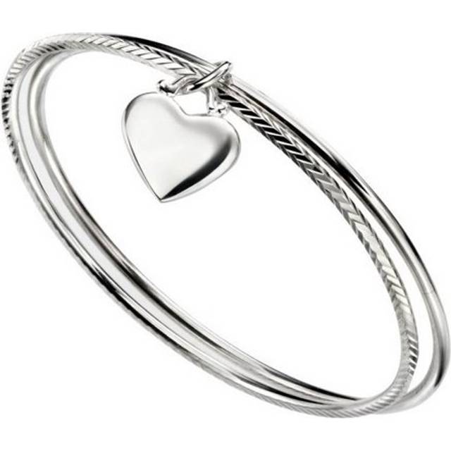 Beginnings Sterling Silver Double Diamond Cut With Heart Bangle B5066