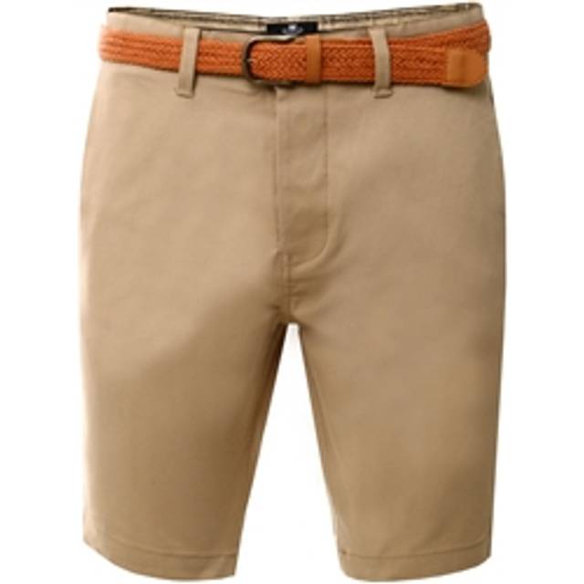 Cotton Turn-Up Chino Shorts with Woven Belt - Stone - 38 Waist - Threadbare
