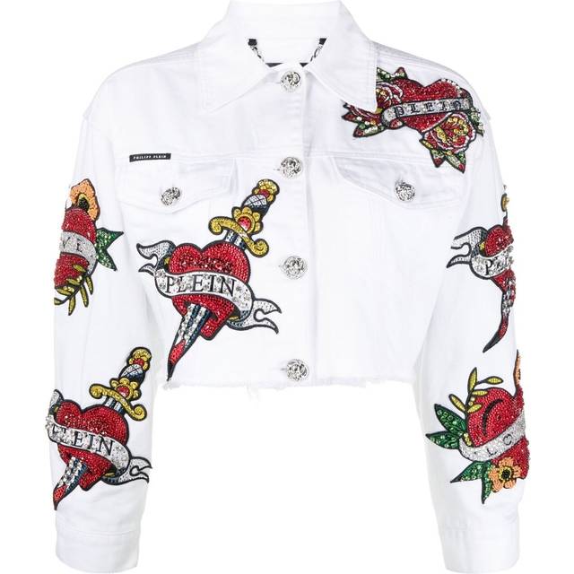 Philipp Plein - cropped Love denim jacket - women - Cotton/Polyester/Cotton - S - White