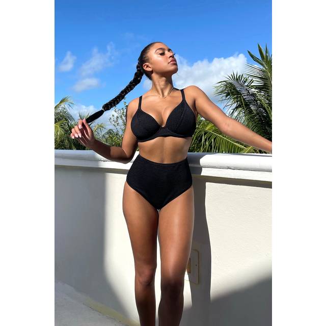 Womens Textured Wired Plunge Bikini Top - Black - 36DD