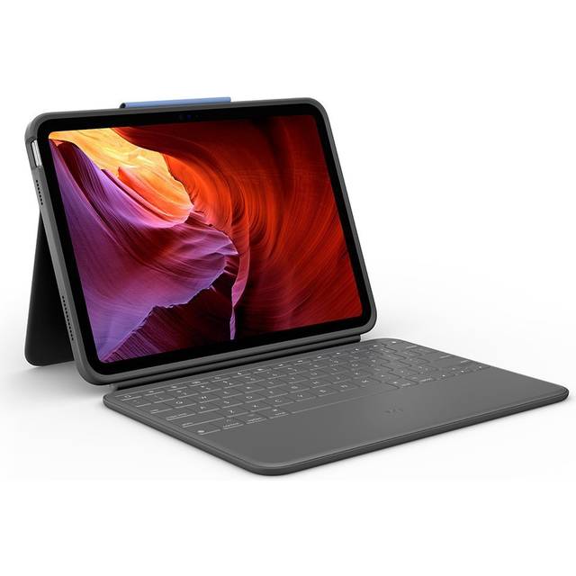 Logitech Rugged Folio – tangentbordsfodral för iPad (10:e generationen och A16) med Smart Connector och hållbart spillsäkert tangentbord, Layout Pan Nordic QWERTY - Grå