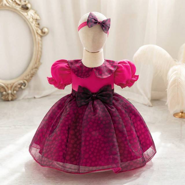 Bebis Tjejer Polka Prickigt Tryck Puffärmar Party Klänning - Skrikrosa (6-9M,9-12M,12-18M,18-24M,2-3Y)