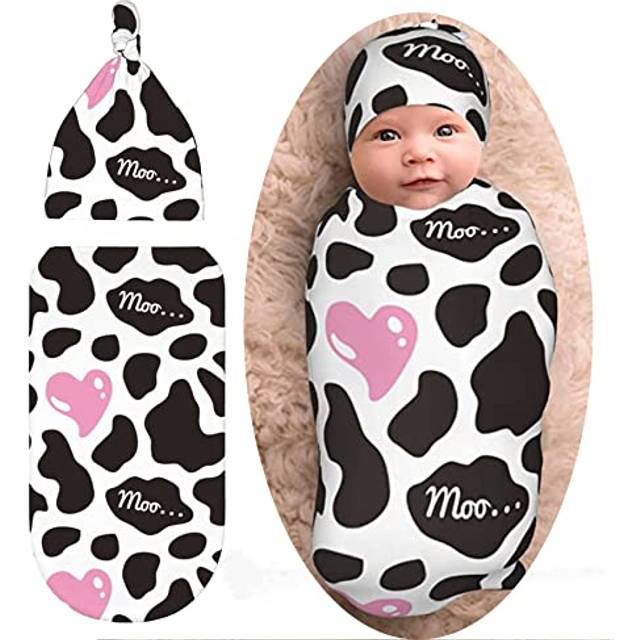 Cow Print Newborn Swaddle Blanket Baby Pink Heart Swaddle Blankets Wrap Infant Receiving Blanket with Beanie Hat Sets Infant Gifts for Boys Girls Soft