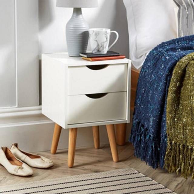 White Bedside Cabinet 2 Drawer Lamp Side Table Solid Wood Legs Scandi Style