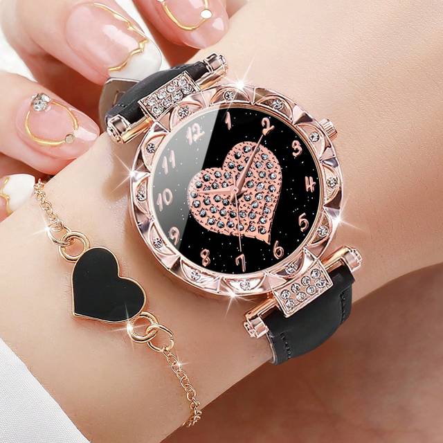 SHEIN Women&#39;s Fashionable Rhinestone-Studded Starry Sky Heart-Shaped Digital Quartz Watch With PU Leather Strap And Bracelet Set (2pcs/Set) As A Gift For St