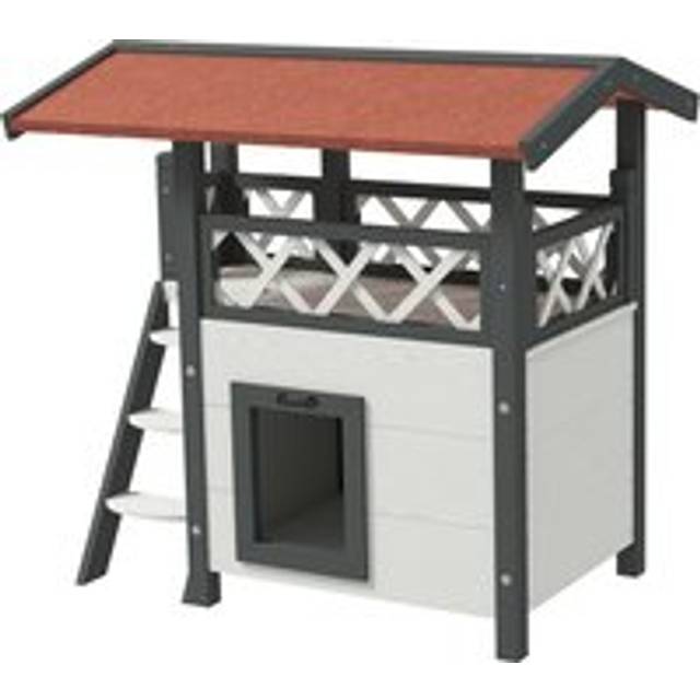 PawHut Outdoor Cat House with Balcony Stairs Roof, White, White