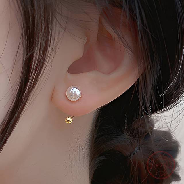 ELSEDES 1 Pair Vintage Style S925 Silver U-Shape Inlaid Freshwater Pearl Earrings, Minimalist Fashion Daily/Office Wear For Women
