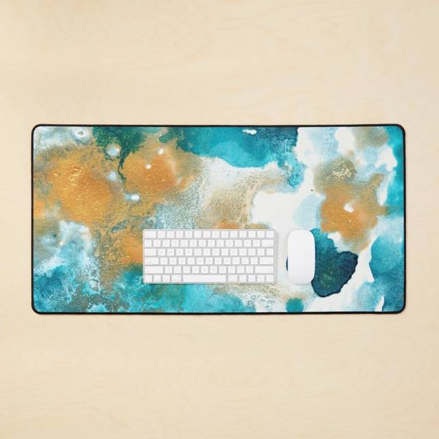 Desk Mat Aqua Teal Gold Abstract Painting #2 #ink #decor #art Large Gaming Mouse Pad 35x16 inch
