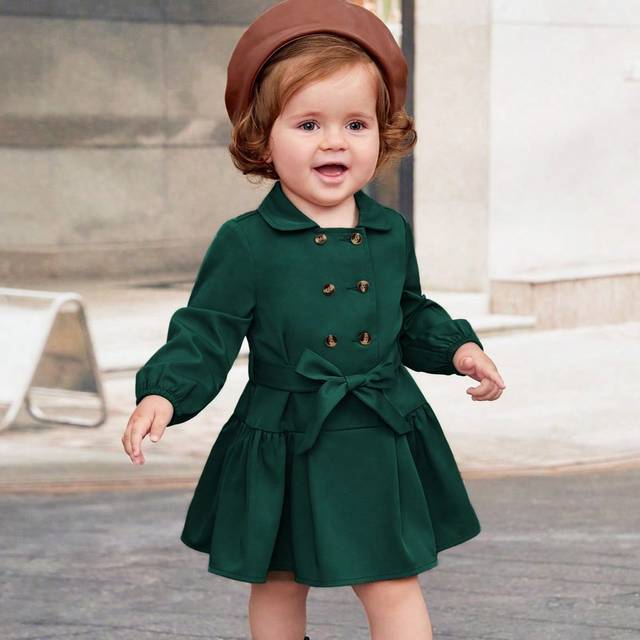 Bebis Tjejer Vintage elegant Slag Dubbelbröst Bälte Lång Ärm Lös Fåll Klänningar - Mörk Grön (6-9M,9-12M,12-18M,18-24M,2-3Y)