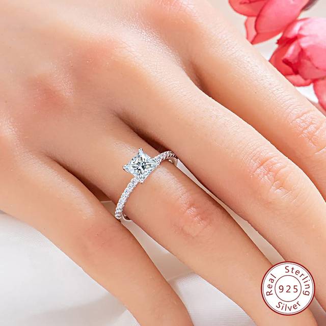 Stylever 1pc Moissanite Rhinestone Engagement Ring Wedding Band For Women S925 Sterling Silver Princess Cut Moissanite Ring Promise Ring Eternity Ring Annivers