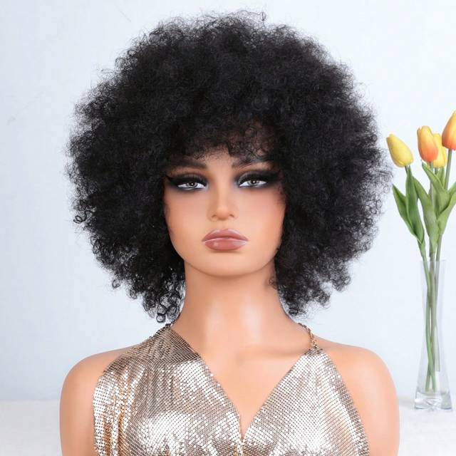 9AM Hair Short Hair Afro Kinky Curly Wigs With Bangs Human Hair Puffs Ready To Wear Afro Curl Wig