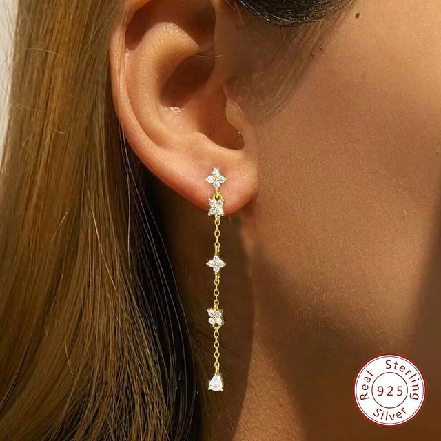 SHEIN 1 Pair Of Sparking Real 925 Sterling Silver Chain Tassel Petal Inlaid Drop Earrings For Women Anniversary Gift Original Designed Glamorous Fine Jewelr