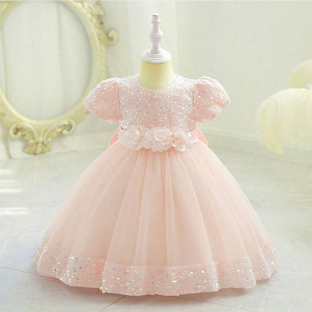 H HIBOBI Baby Girl 3D Floral Appliques Sequin Detail Big Bow Back Mesh Gown Dress