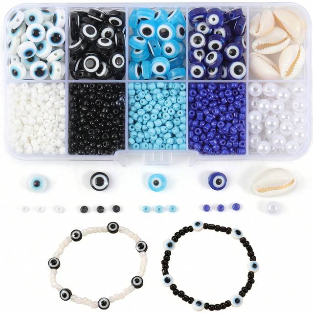 SHEIN 1box Evil Eye Beads For Jewelry Making, 3mm Seed Beads Faux Pearl Shell For DIY Bracelets Making Couple Bracelet Evil Eye Charms 8mm Round Beads Color