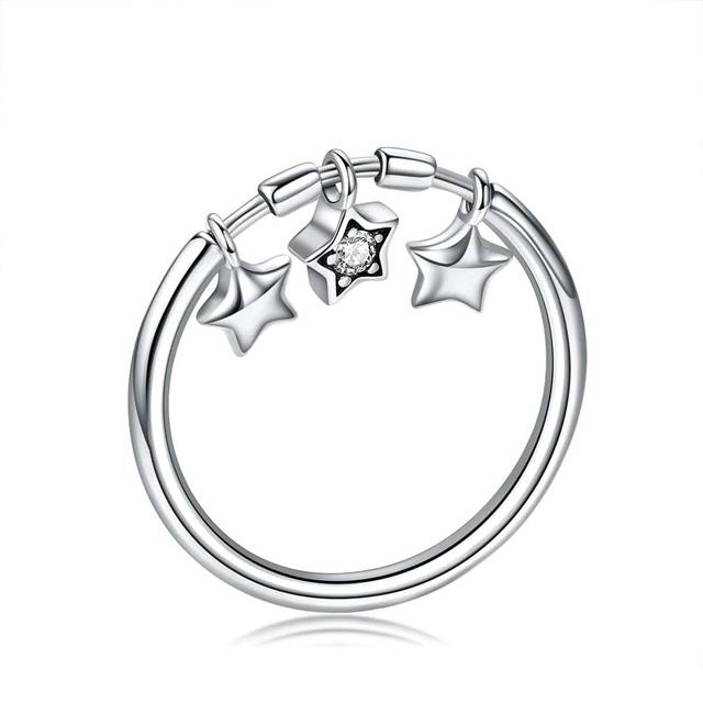 WOSTU 1pc 100% 925 Sterling Silver Fashion Sparkling Dangle Star Finger Rings for Women Wedding Engagement Ring Jewelry