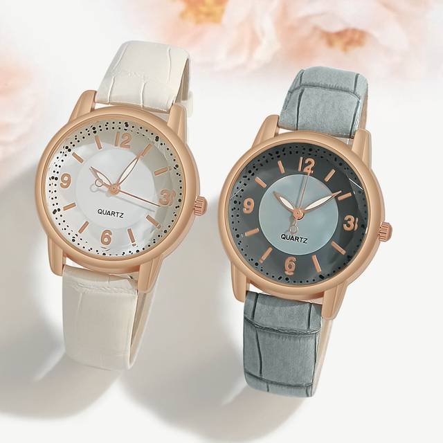 SHEIN 2pcs/set Female Luxury Fashion Rose Gold White & Light Blue Noble Elegant Digital Dial Pu Leather Watch, Timing Function Wristwatch, Gift For Women/gi