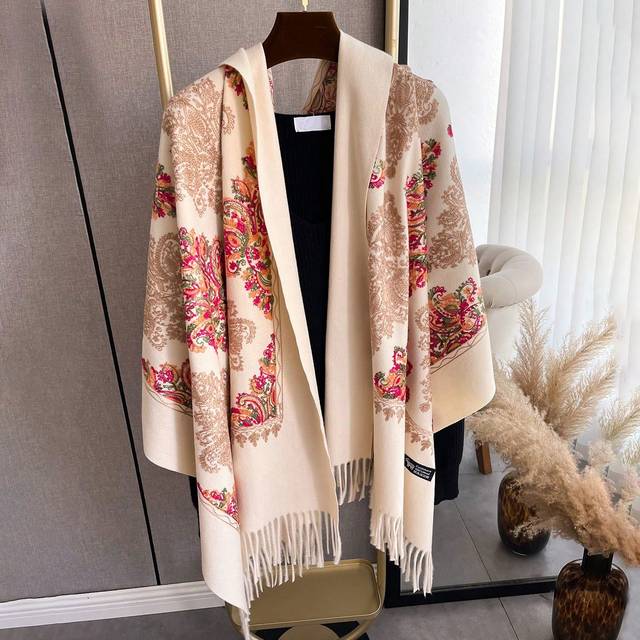 SHEIN Boho 1pc Women&#39;s Autumn Winter Embroidered Scarf Faux Cashmere Wrap Thick Warm Tassel Bohemian Style Travel Shawl Cape Accessories Women