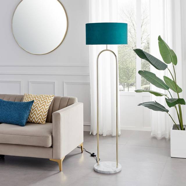 Danielle floor lamp teal velvet shade brass and marble base