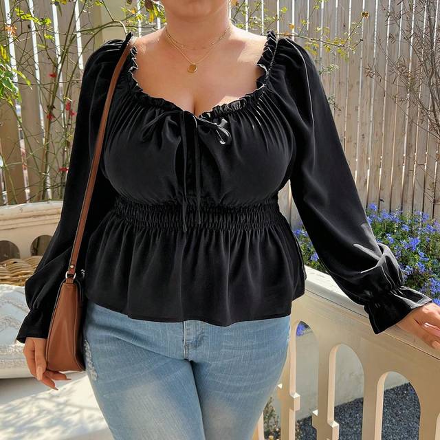 Plus Kråskant Knut Framtill Ryckärm Peplum blus - Svart (US22,US24/26,US28/30,US32/34)