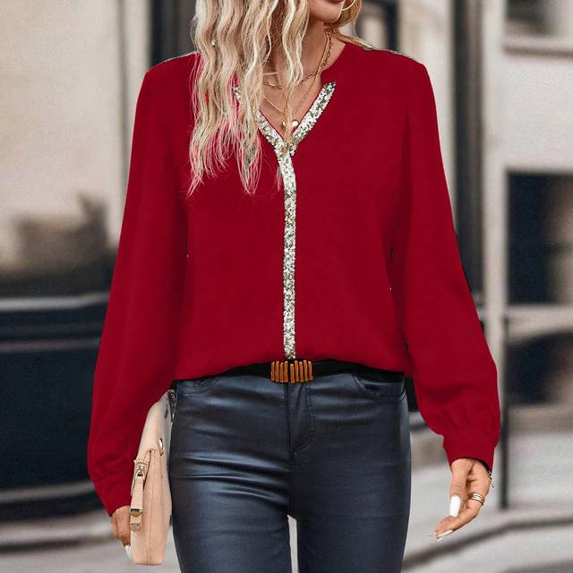 SHEIN Contrast Sequin Notched Neckline Blouse