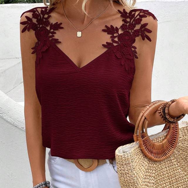 SHEIN Sleeveless Lace Patchwork Top With Textured Fabric,Women Tank Tops,Summer Tops,Summer Women Tops