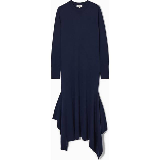 Handkerchief-Hem Merino Wool Midi Dress - Navy - XS