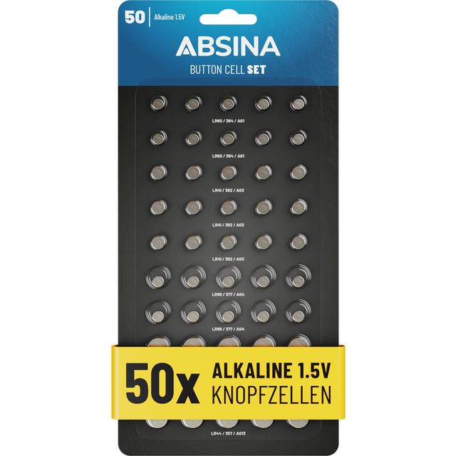 ABSINA Pack de 50 Assortiment Pile Bouton - 10x AG1 LR621 / 15x AG3 LR41 / 10x AG4 LR66 / 10x AG10 LR1130 / 5X AG13 LR44 - Piles Boutons Assortiment 1,5V, Piles Plates, Pile Montre, Piles Montre