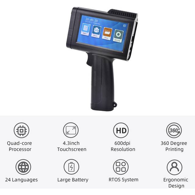 Portable HD Handheld Inkjet Printer with 4.3 Inch Touchscreen Intelligent Barcode Printer Support UK Plug black