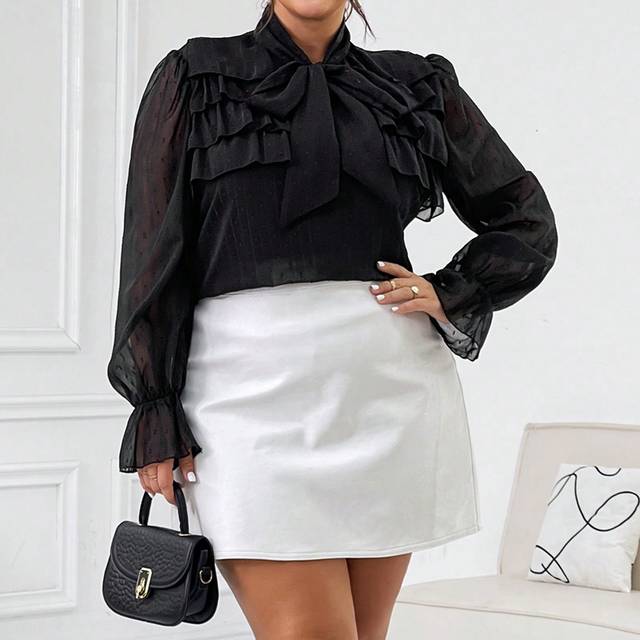PrivÃ©a Plus Size Women&#39;s Tie Neck Ruffle Sleeve Blouse