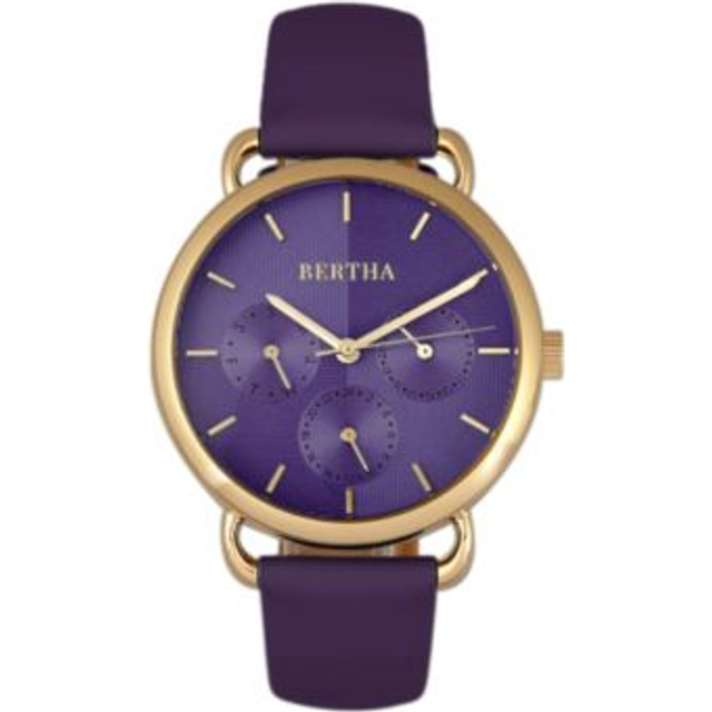 Bertha Womens Gwen Leather-Band Watch w/Day/Date - Purple Stainless Steel - One Size