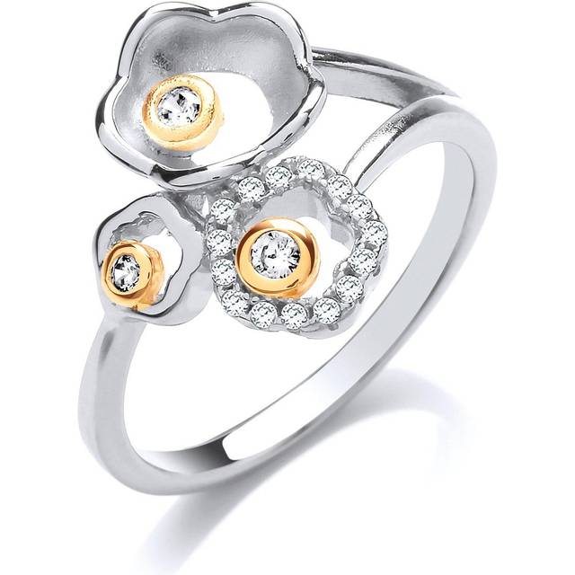 (L) Jewelco London Ladies Rhodium & Yellow Gold-Plated Sterling Silver Cubic Zirconia Daisy Flowers Cluster Ring