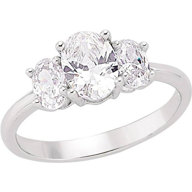 (Q) Jewelco London Ladies Rhodium Plated Sterling Silver Oval Cubic Zirconia Trilogy Engagement Ring