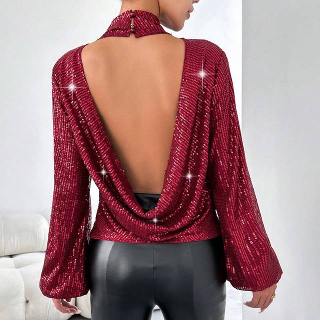 SHEIN Women&#39;s Sequin Stand Collar Open Back Blouse
