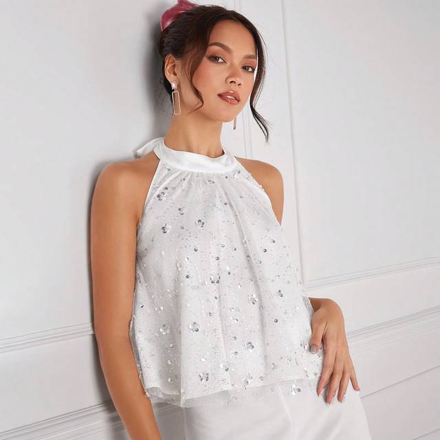 Kvinnors Glitter Halter-Neck Linnen - Vitt (L,M,S,XL,XS,XXL,XXS)