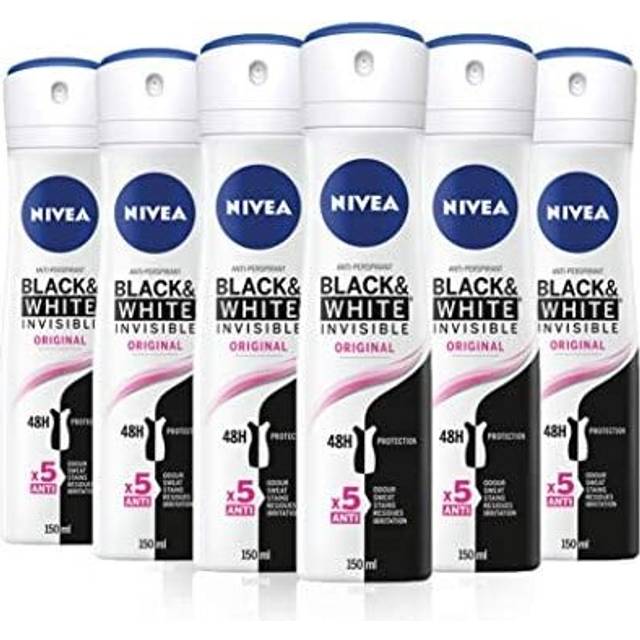 NIVEA Black & White Invisible Original Anti-Perspirant Deodorant Spray Pack of 6 (6 x 150ml), 48hr Deodorant for Women, Anti-Stain Womens