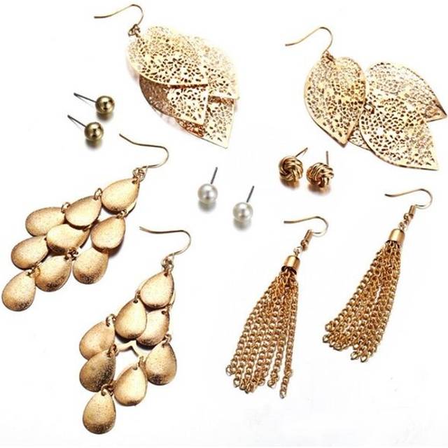 Veile Studios 6Pcs Artificial Pearl With Hollow Leaves And Woven Earrings