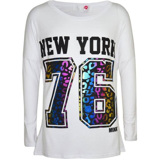 (13 Years, White) Kids Girls T Shirt New York 76 Multi Color Foil Print Trendy Fashion Top T Shirt