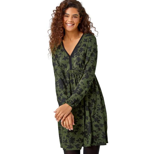 Floral Contrast Trim Stretch Dress - Khaki - Size 10 - Roman