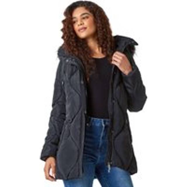 Quilted Faux Fur Hooded Coat - Black - 10