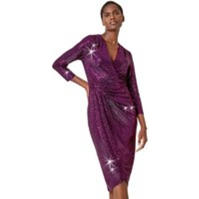 Roman Cerise Sequin Gathered Wrap Stretch Dress - Size 20