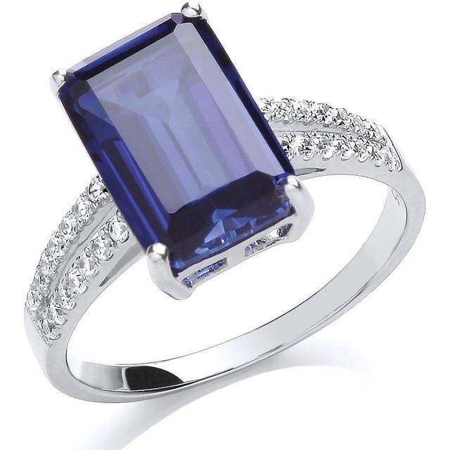 (P) Jewelco London Ladies Rhodium Sterling Silver Blue Emerald Cut CZ Shoulder-Set 4 Claw Solitaire Engagement Ring
