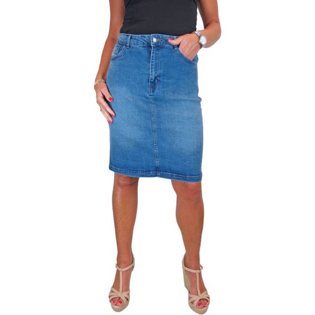 Stretch Denim Knee Length Skirt - Mid Blue - 20